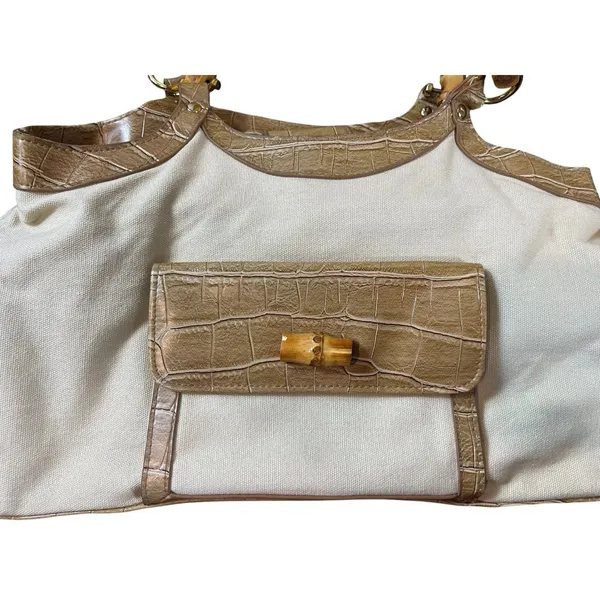 Avon 2006 Faux Bamboo Handle Canvas Satchel Handbag Beige Croc Embossed Purse - Image 6