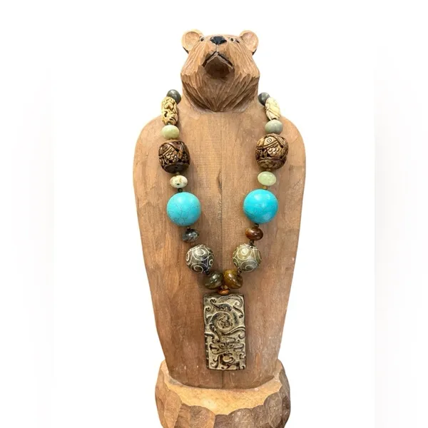 Handcrafted Turquoise and Brown Beaded Necklace beautiful hand carved beads - Image 2