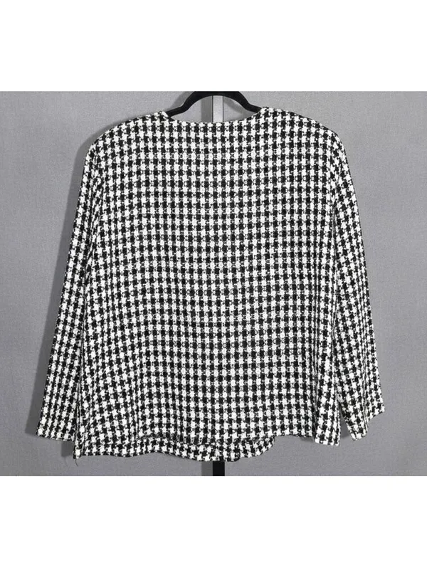 Fashion Bug Black White Houndstooth Tweed Collarless Blazer Rosette Pin 22/24 - Image 3