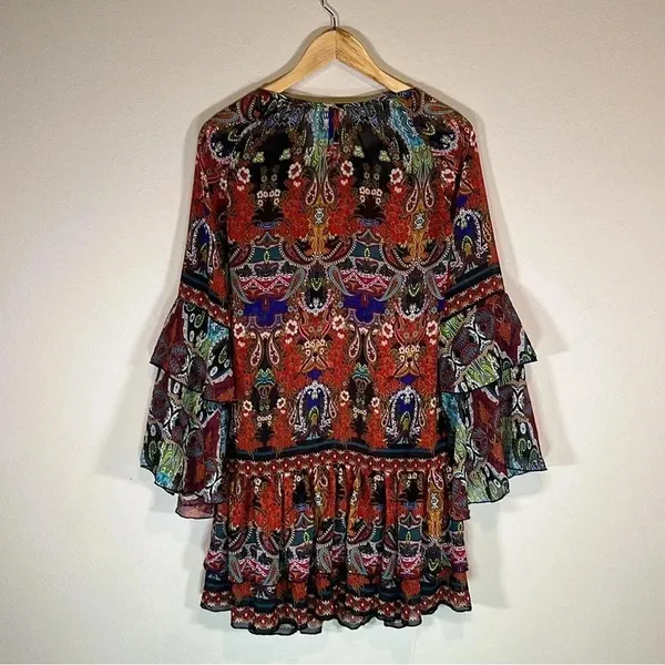 Venus Boho Print Ruffle Mini Dress Size XS Gypsy Hippie Summer Resortwear Vacay - Image 4