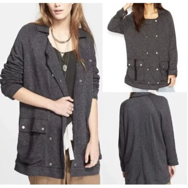Free People Slouchy Peacoat Charcoal Gray Double Breasted Jacket Size Small - Image 3