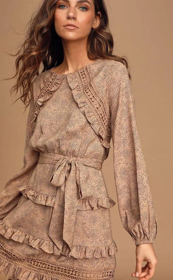 Lulu’s Kiss Me Goodnight Tan Polka Dot Ruffled Long Sleeve Mini Dress - Image 2
