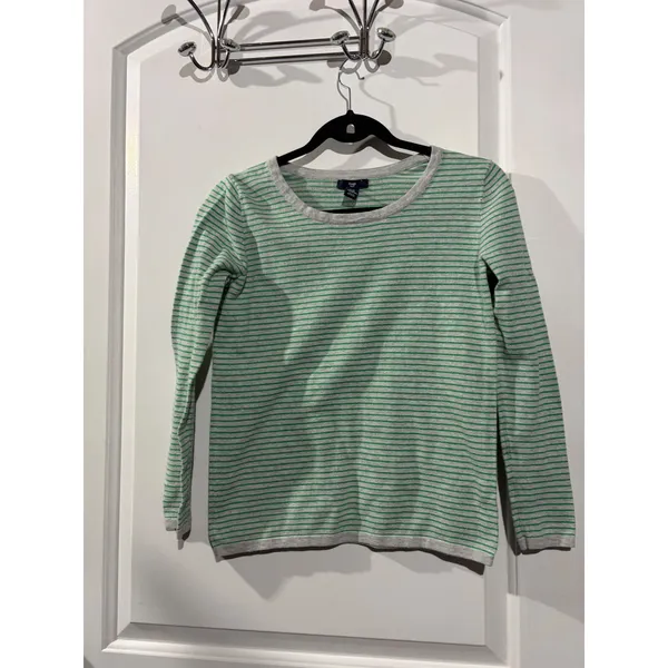 Gap Womens XS‎ Striped Cotton Knit Sweater Grey Green Crew Long Sleeve Pullover - Image 2