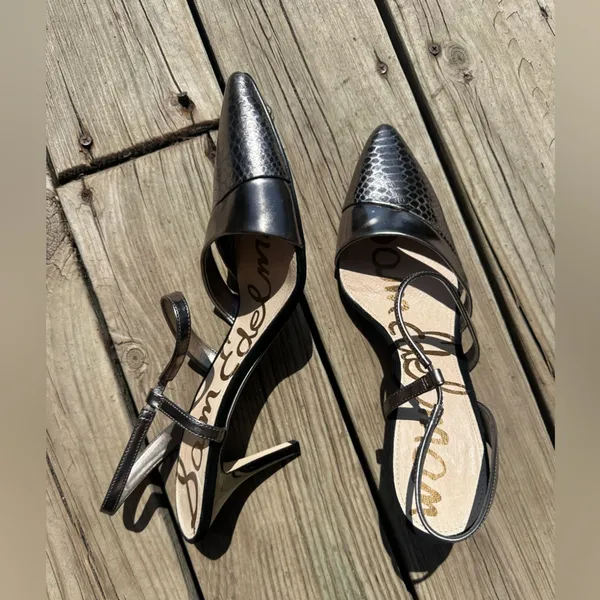 Sam Edelman Otello Metallic Silver Snakeskin Leather Pointed Stilettos, Size 10 - Image 3
