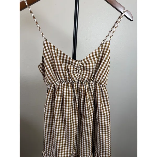 Speechless Brown Gingham Check Mini Dress Ruched Cutout Smocked Small - Image 4