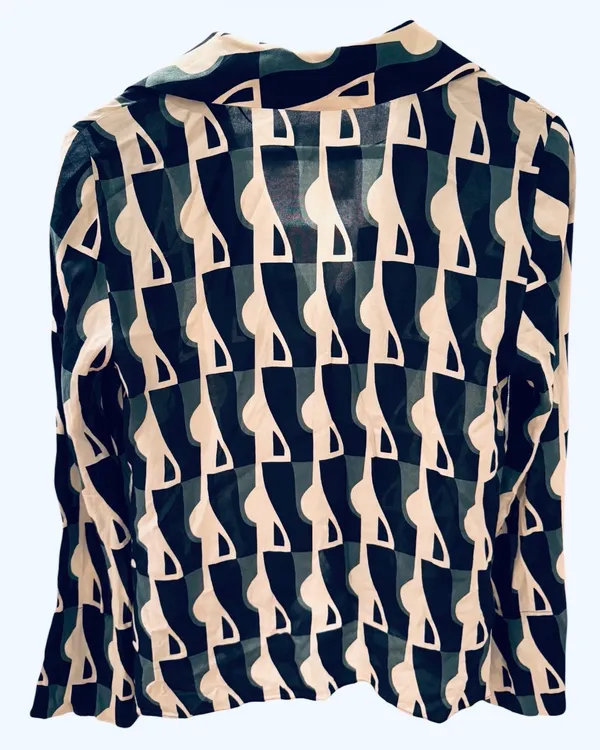 Zara Semi Sheer Geometric Blouse Shirt Black Green Cream S Business Funky - Image 3
