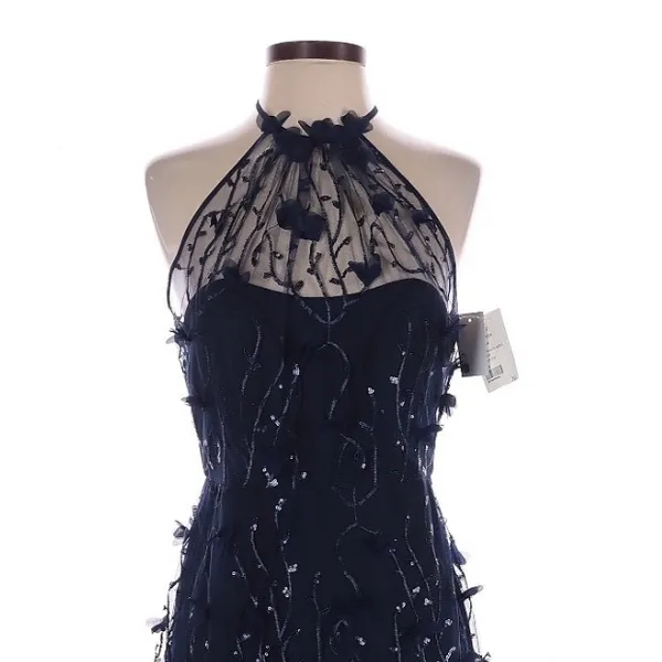 Dessy Collection Maya Navy 3D Floral Sequin Halter Dress Size 2 Fairycore - Image 3