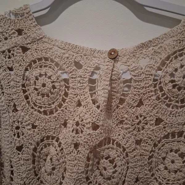 Solitaire Crochet Ruffle Peplum Top Beige Boho Cottage Festival Hippie size XL - Image 5