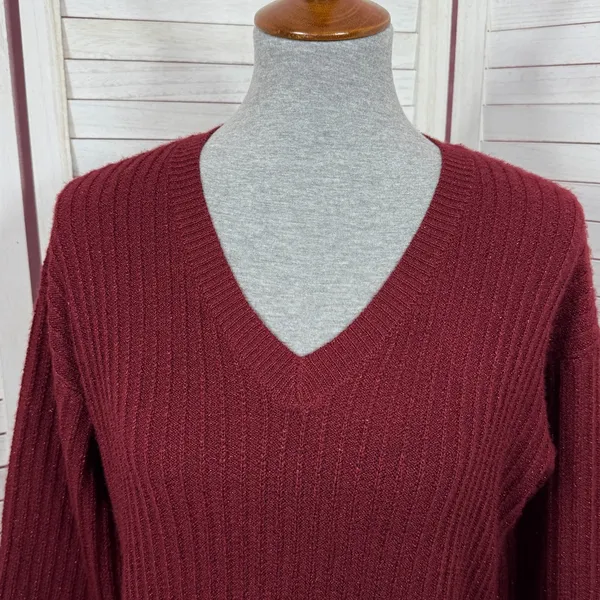 Nine West Metallic‎ Shimmer Knit Balloon Sleeve Sweater Dress Burgundy Red Small - Image 5