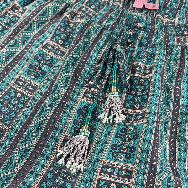 Calypso St. Barth Pants Womens Medium Blue Silk Crepe Jogger Beaded Tassel Print - Image 3