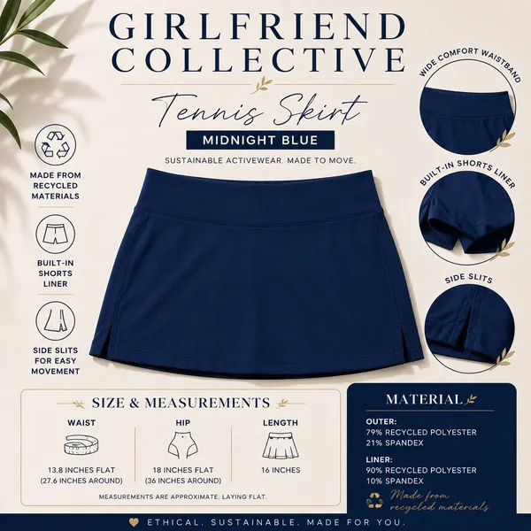 Girlfriend Collective Skort Tennis Skirt Women Medium Midnight Blue Side Slits‎ - Image 6