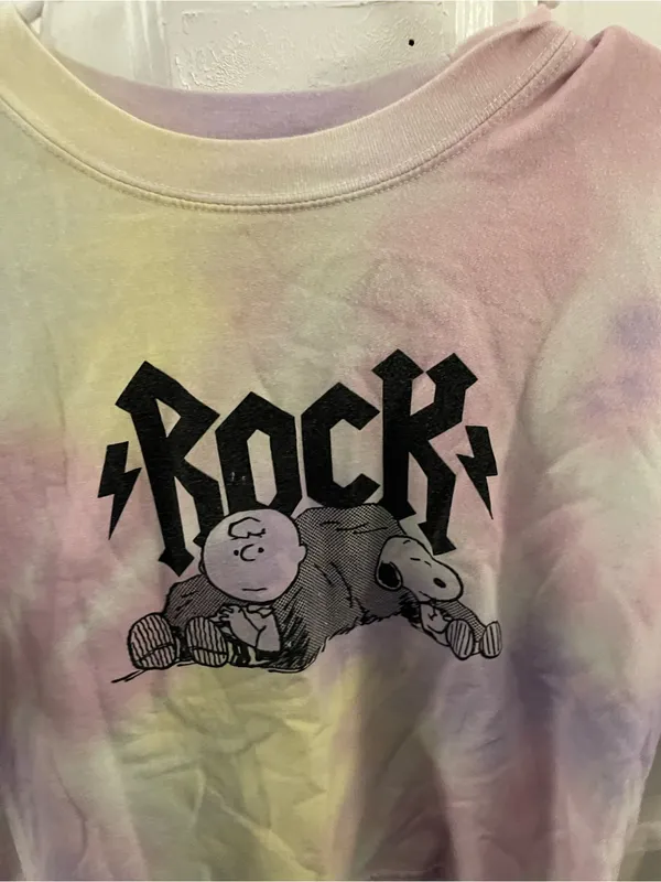 Peanuts, Charlie Brown, Snoopy Tie-Dye "ROCK" Graphic Pastel Sweatshirt - Sz S - Image 4