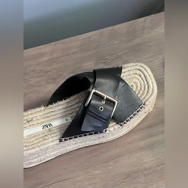Zara Black Leather Espadrille JUTE WEDGE SANDALS - Image 14