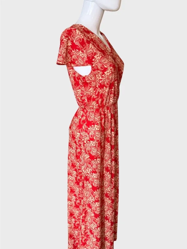 Red Paisley V-Neck Maxi Dress with Elastic Waist - Image 3