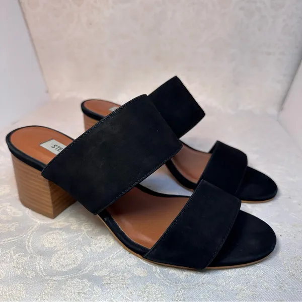 Steve Madden Ilena Suede Leather Strap Black Mules with Wooden Heel Size 6 - Image 6