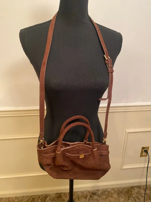 Chic Brown Faux Suede Crossbody Bag Gold Accents Minimalist Top Handle Satchel - Image 2