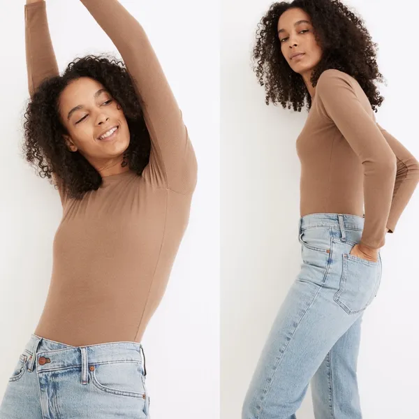 Madewell Ribbed Crewneck Full-Coverage Bodysuit Brown Size S - Image 6
