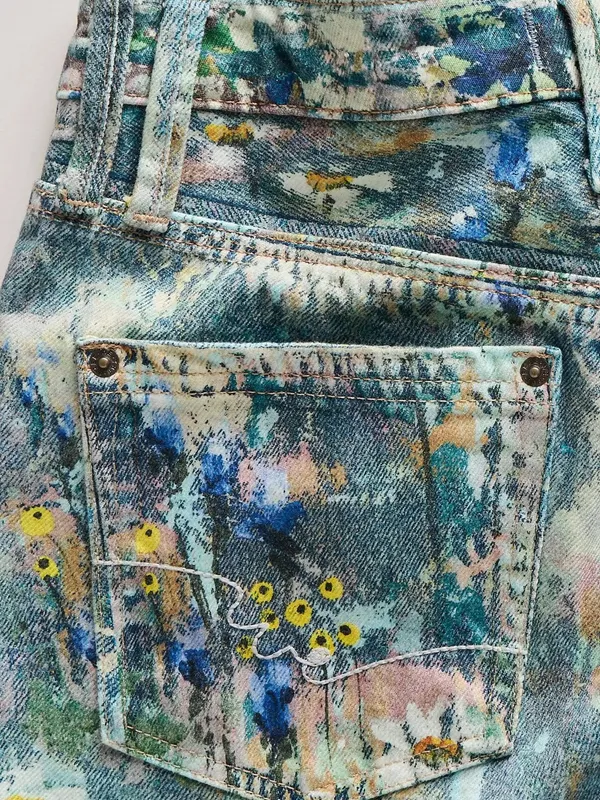 Free People Tennessee Low Rise Illusion Jeans Floral Canvas Paint Splatter - Image 3