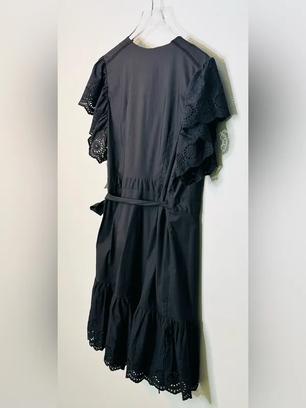 Maette Black Eyelet Cotton Poplin Wrap Mini Dress NWT - Image 8