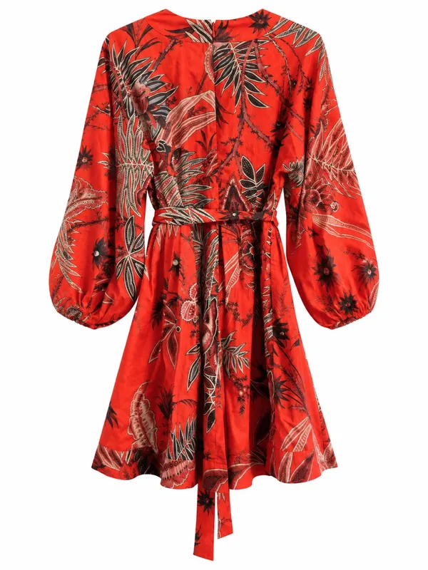 Banana Republic Mini Dress Womens S Red Excellent Tropical Balloon Sleeve Belted - Image 3