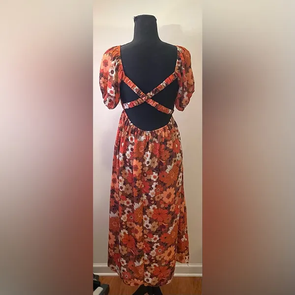 Max+Ash- Brown and Orange Puff Sleeve Maxi Sundress Size M - Image 3