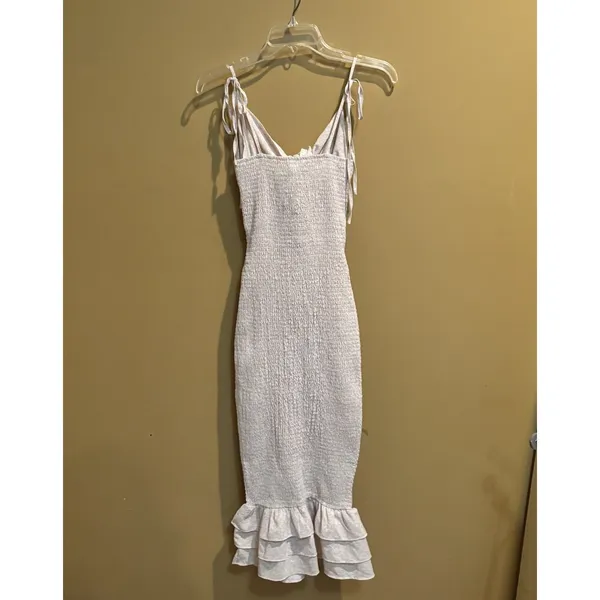 Mable Smocked‎ Midi Dress Small Beige Floral Tie Shoulder Cutout Ruffle Hem - Image 7