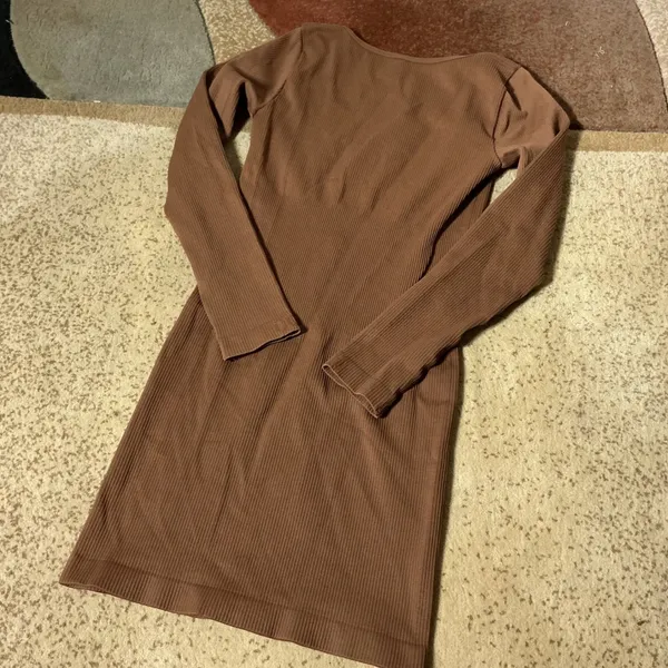 OQQ Ribbed Long Sleeve Bodycon Dress Womens M Brown Square Neck Mini‎ Stretch - Image 5