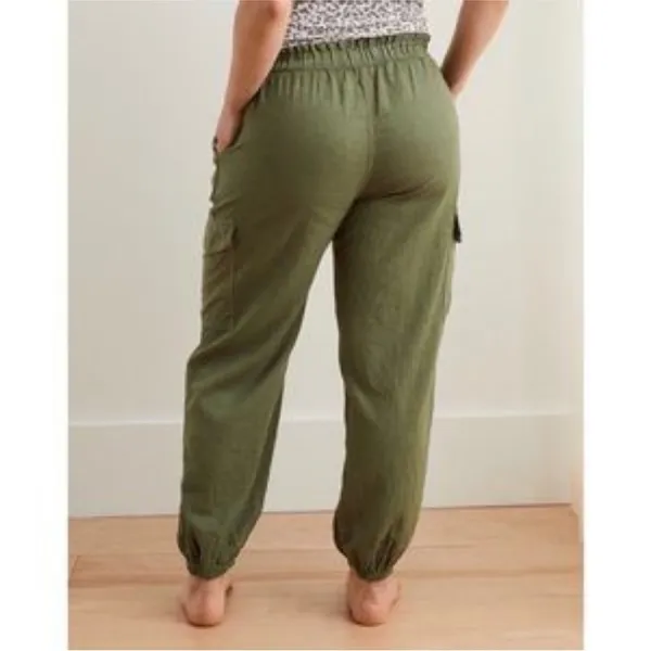 Aerie Linen Blend Paperbag Waist Cargo Joggers in Army Green Small - Image 3