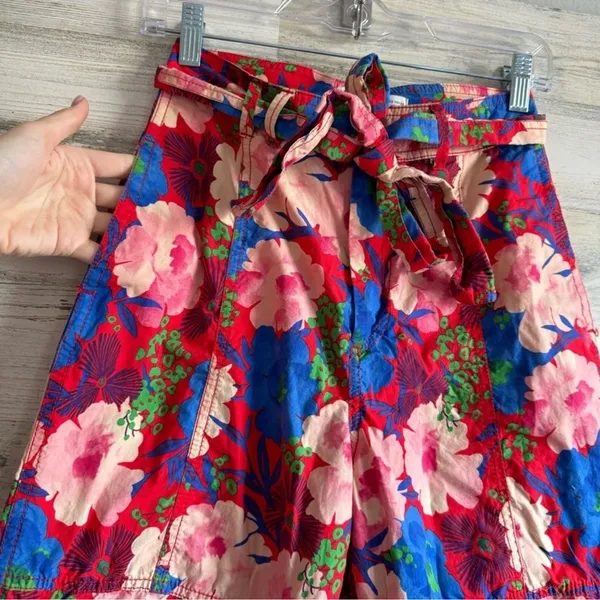 Zara Boho Floral Jogger Style Cotton‎ Lightweight TrouserPants Cropped Red Belt - Image 4