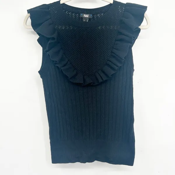 PAIGE Womens Black Rosina Ruffled Pointelle Organic Cotton Silk Blend Knit Top S - Image 3