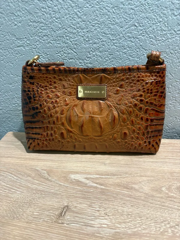 Brahmin Cognac Brown Croc Embossed Leather Shoulder Bag Gold Hardware - Image 3