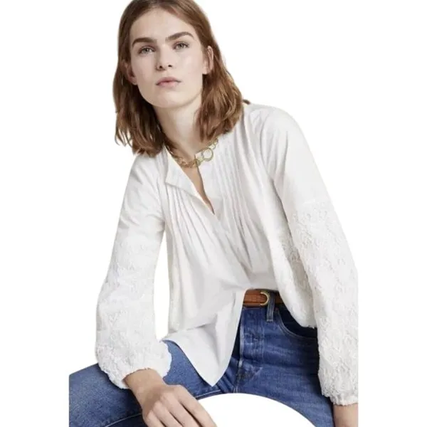 White Cotton Blouse with Floral‎ Lace Bell Sleeve Romantic Victorian Style Top - Image 6