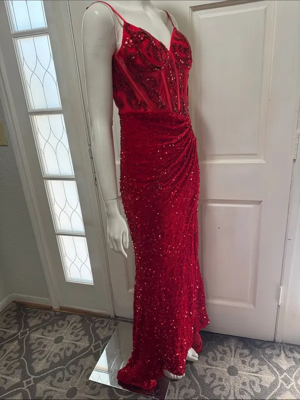 Unbranded Off shoulder Beaded Corset Slit Red Sequin Ruched Evening Gown Sz 6 A - Image 8