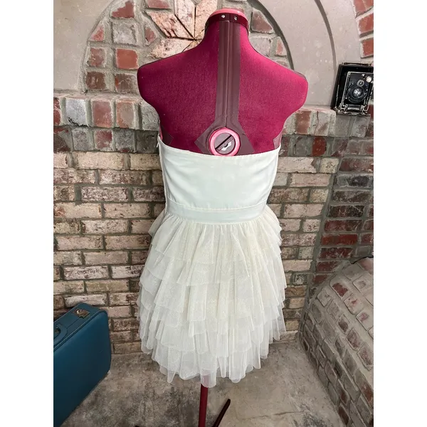Adrianna Papell dress strapless formal cream jeweled sheer tired skirt - Image 6
