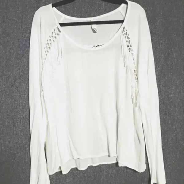 TOKYO DARLING Boho Fringe Crochet Back Peasant Top | Soft Girl Cream Long Sleeve - Image 5