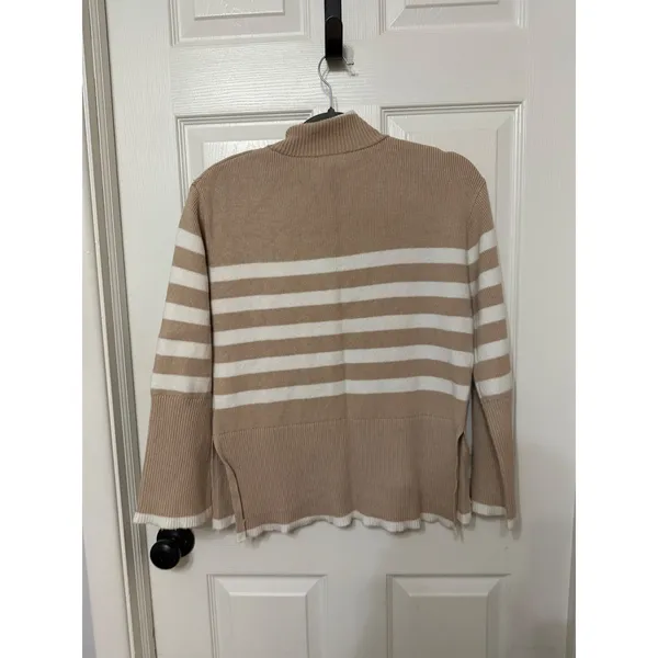 For The Republic Tan‎ White Striped Quarter Zip Mock Neck Sweater Small - Image 4