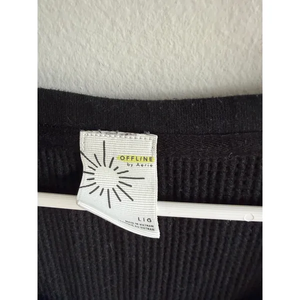 OFFLINE by Aerie Black Waffle Knit V-Neck Oversized Thermal Top L - Image 3
