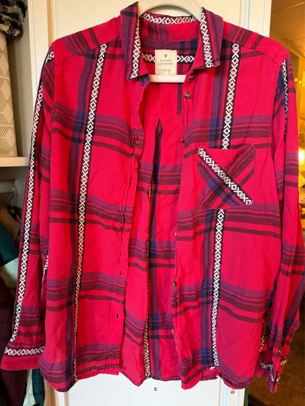 American Eagle Outfitters Red Western Plaid Flannel Button Up Shirt - Image 2