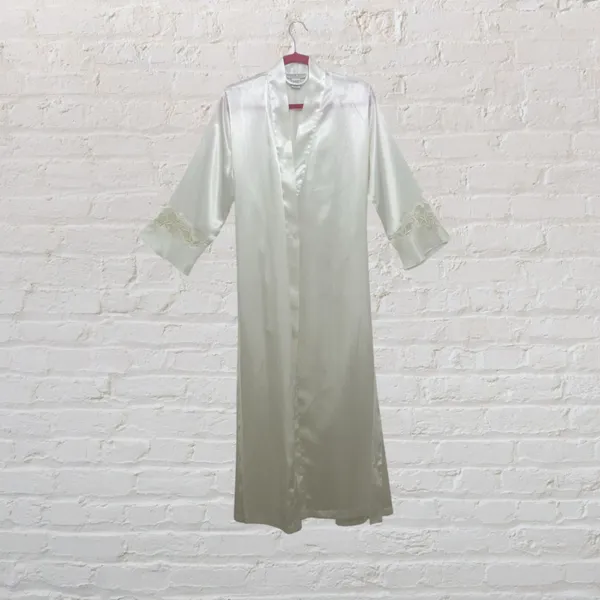 Morgan Taylor Ivory Satin Bridal Robe Size S Maxi Embroidered Sleeves Boudoir - Image 2