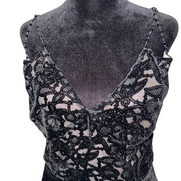 Y2K Whimsigoth Burnout Velvet Cami Top Beaded Lace Fair Grunge Size M Black - Image 2