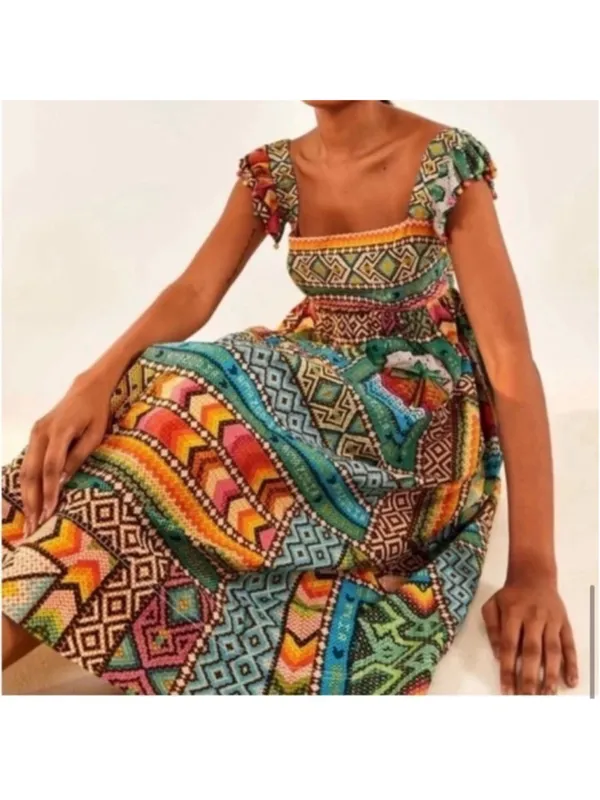 Farm Rio Banana Scarves Colorful Printed Midi Dress - Image 5