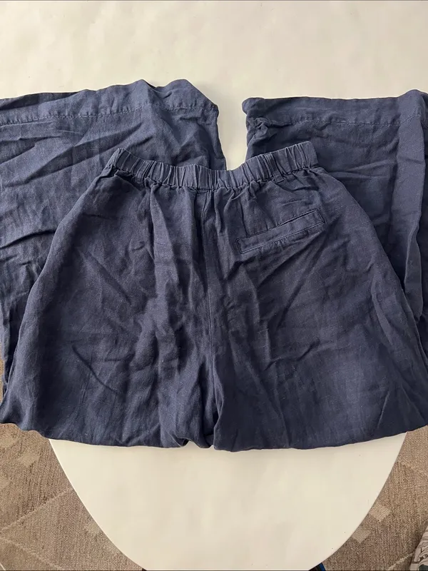 YFB Super Wide Leg Flowy Linen Blend High Waisted Pants Navy Blue XS - Image 4