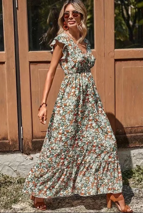 Women’s Ditsy Floral Ruffle Trim V Neck Smocked Waist Boho Maxi Dress NWT - Image 3