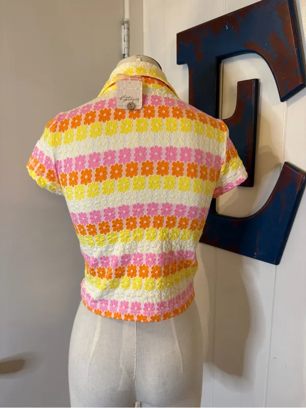 Free People Floral Stripe Babe Town Polo Crop Top Pink, Yellow & Orange Sz XS - Image 3