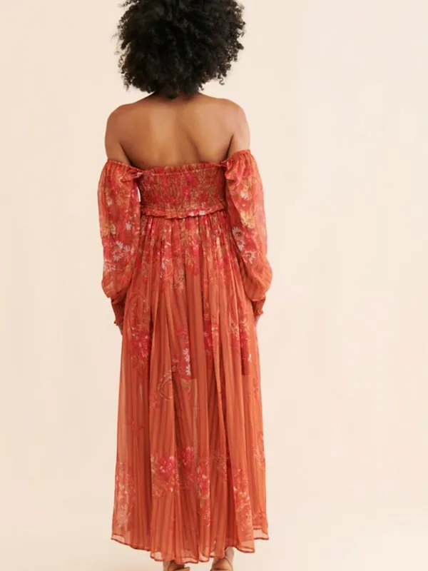 Free People Angel Eyes Brown Floral Off Shoulder High Slit Maxi Dress XS - Image 12