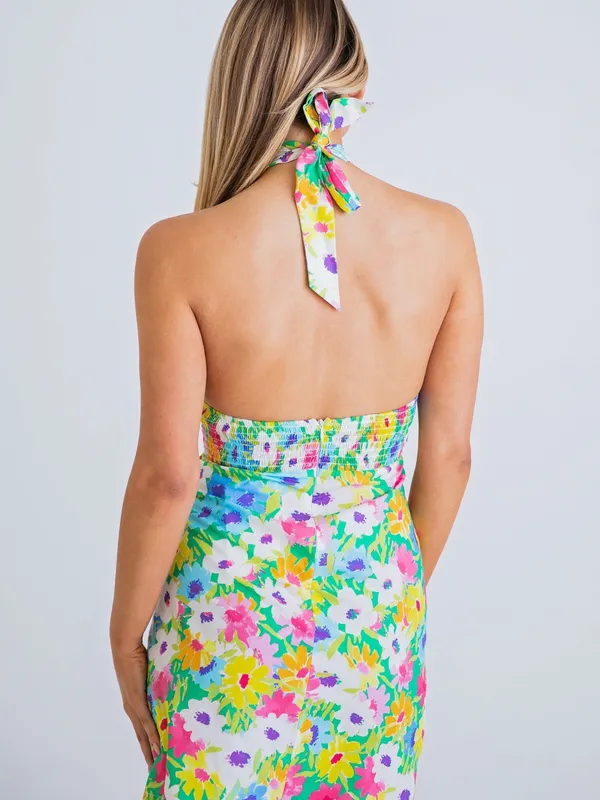 Karlie Multicolor Floral Halter Dress with Green and Pink Accents NWT - Image 3