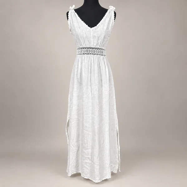 Terzo Millennio 100% Linen Maxi Dress Womens S Made in Italy Crochet Boho White - Image 2