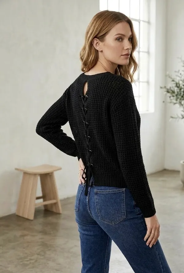 Zoey Grey Black Open-Weave Crewneck Sweater by Zoey - Image 2