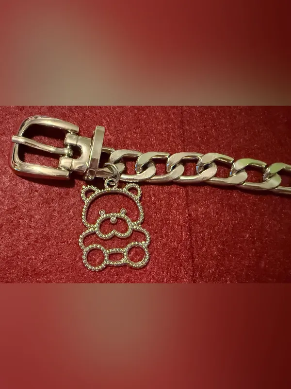 Silver High Polished Chunky Cuban Flat Chain Link Belt with Teddy Bear Charm - Image 2