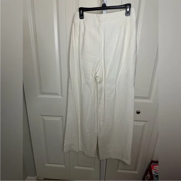 Commense Wide Leg Pleated White Cotton Pants High Waist Pants Size M - Image 3
